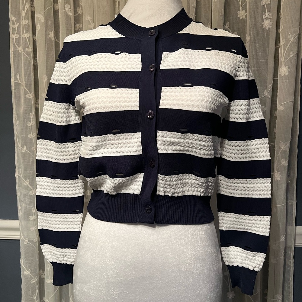 Carolina Herrera Navy/White Striped Eyelet Cardigan